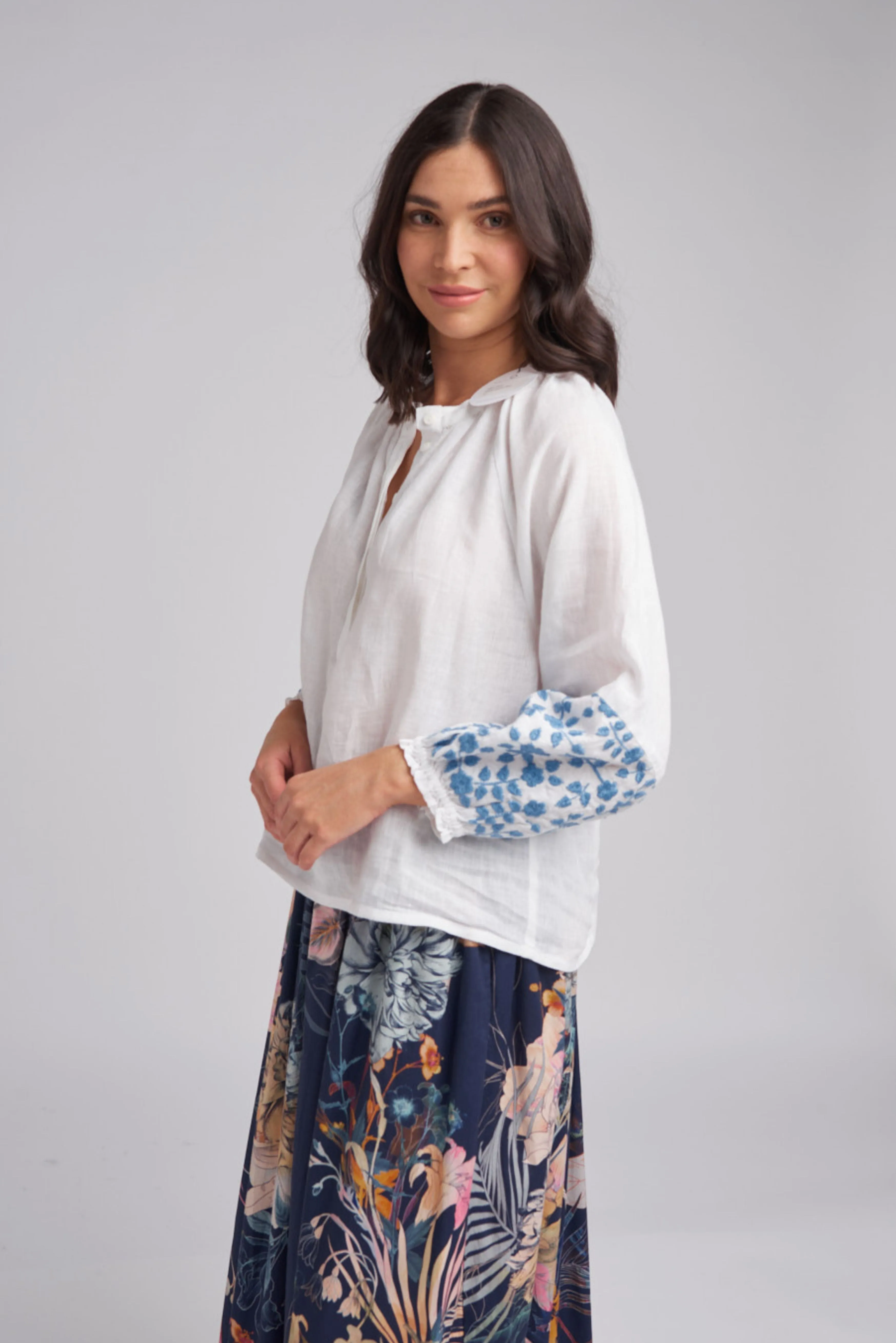 Embroidered Sleeve Linen Blouse White/Denim Blue