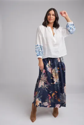 Embroidered Sleeve Linen Blouse White/Denim Blue