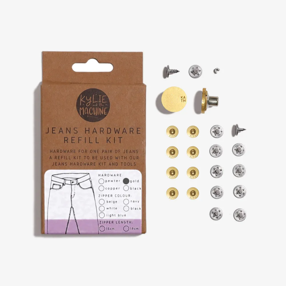 Jeans Hardware Refill Kit - Black Zipper 19cm & Matte Gold Hardware - Kylie and the Machine